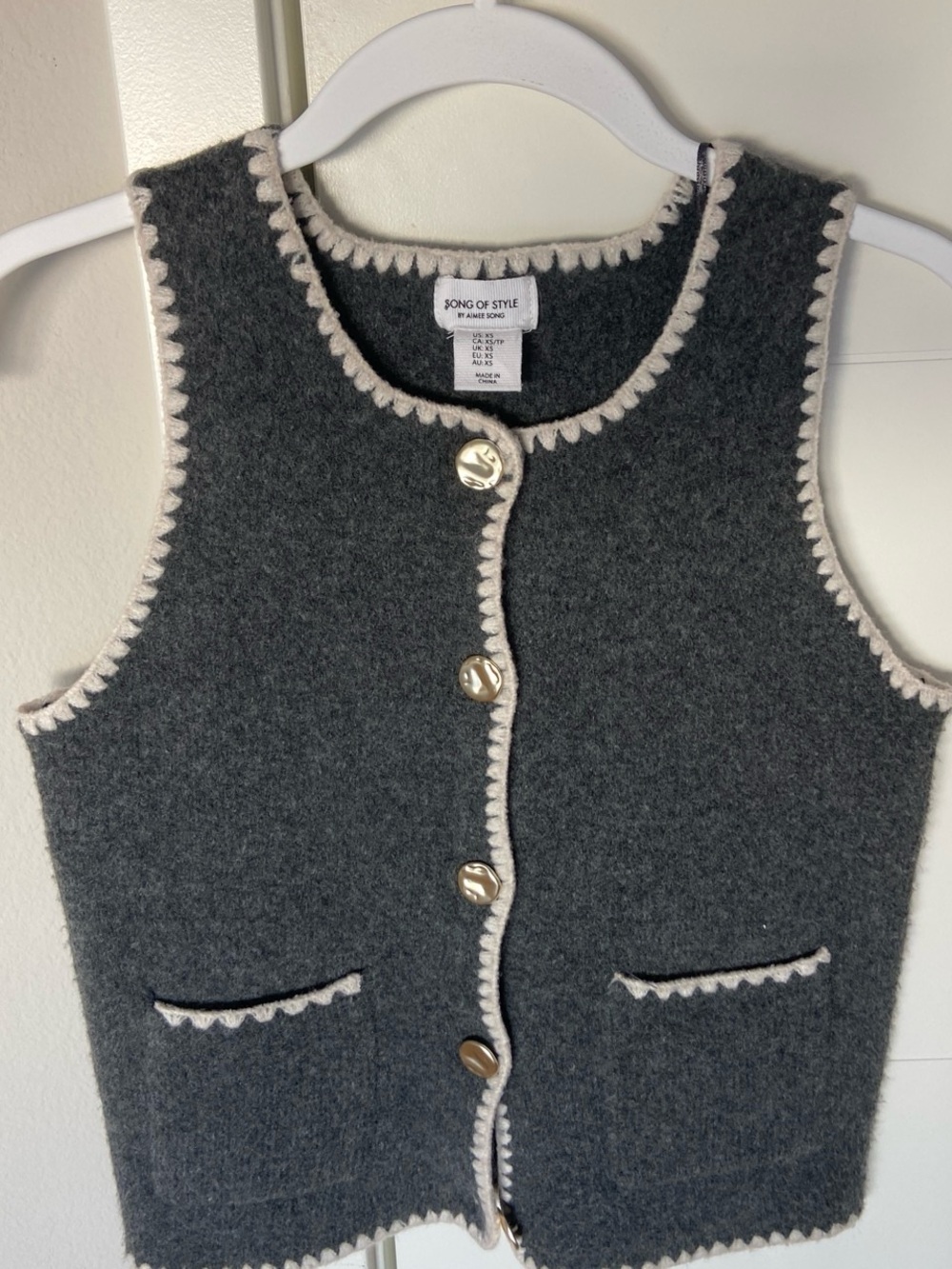 Song of Style Dark Gray Wool Vest Tank with Cream Trim